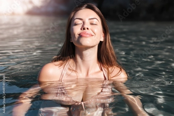 Obraz A beautiful woman with brown hair floats in the water at a spa. She is happy and smiling while she floats on her back, with the sun's light reflecting in her eyes.