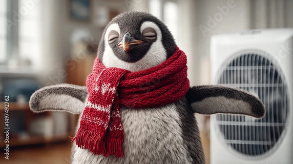 Obraz penguin standing upright in front of a large modern fan or air conditioner unit, wearing a red scarf