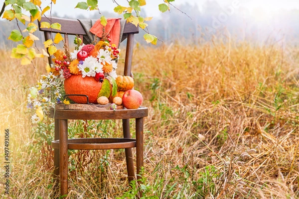Obraz Thanksgiving day pumpkins bouquet. Autumn bouquet of flowers and berries in pumpkin vase on old retro chair on against autumn forest with sunbeams, glare and falling maple leaves. Happy Thanksgiving.