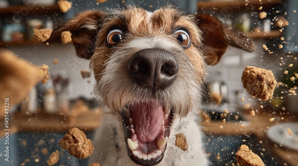 Obraz Happy dog caught mid-bite with a dog treat in its mouth, looking guilty.