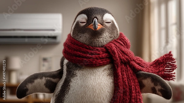 Obraz penguin standing upright in front of a large modern fan or air conditioner unit, wearing a red scarf