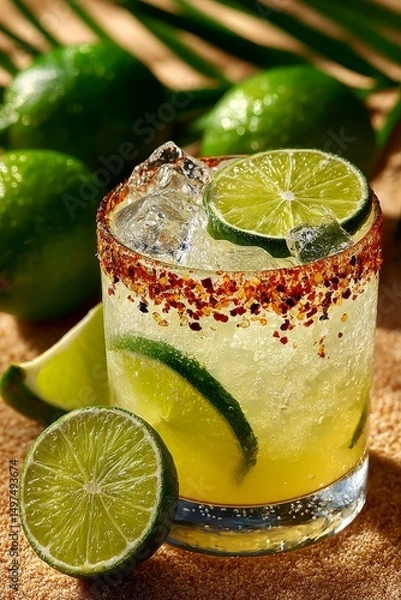 Obraz a spicy margarita in a short glass with chili rim, slice of lime as garnish, clear ice cubes, clean and minimal styling.