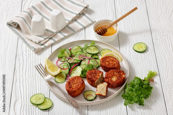 Obraz dutch fish cakes with cucumber salad on a plate