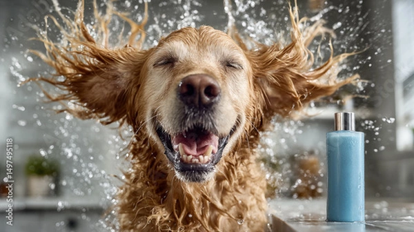Obraz Joyful golden retriever vigorously shaking its head