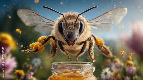 Obraz Bee appearing to dance joyfully in midair above a glass jar filled with honey