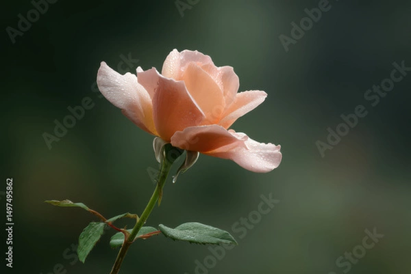 Fototapeta serene dawn scene over blooming garden featuring single rose bathed in soft light
