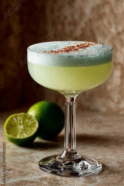 Obraz A pale yellow pisco sour in a coupe glass, crowned with a smooth, foamy top against a soft, textured backdrop.

