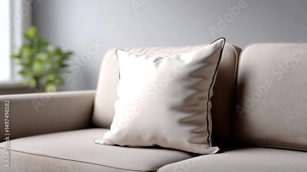 Fototapeta White pillow sits on a couch in a living room. The couch is covered in a tan fabric and has a plant in the corner. The pillow is the only object in the image, and it is the main focus of the scene