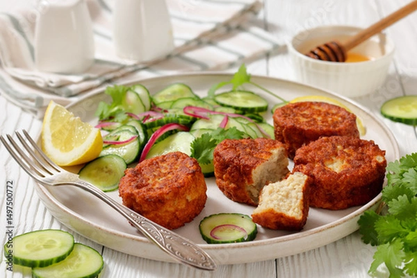 Obraz dutch fish cakes with cucumber salad on a plate