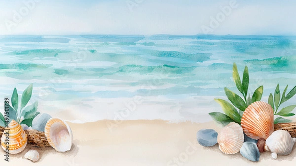 Fototapeta Serene watercolor painting depicting tranquil beach scene with seashells, pebbles, and gentle waves. soft colors evoke peaceful atmosphere