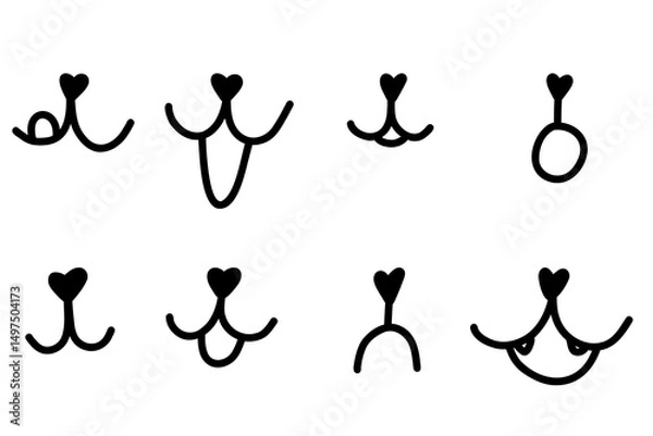 Fototapeta Handdrawn dog face with tongue hanging out. Dog tongue lick mouth and nose. Doodle happy cat face with open mouth. Icons set. Stock vector illustration isolated on white background.