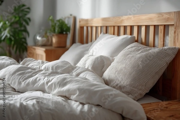 Fototapeta Cozy bedroom featuring a wooden bed frame, plush pillows, and crumpled bedding in a serene indoor environment