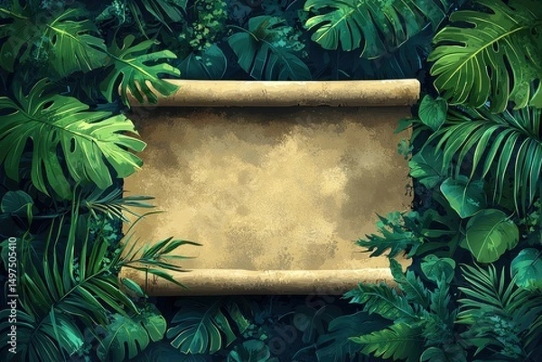 Fototapeta Blank parchment scroll surrounded by vibrant jungle foliage and greenery