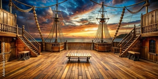 Obraz The Captain's View Sunset on the Deck of a Wooden Galleon, sunset , golden hour , pirate ship , galleon