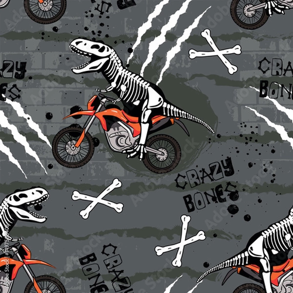 Fototapeta Cartoon bright pattern with  a t rex skeleton. for T-shirts, textiles, clothes, wrapping paper , and more