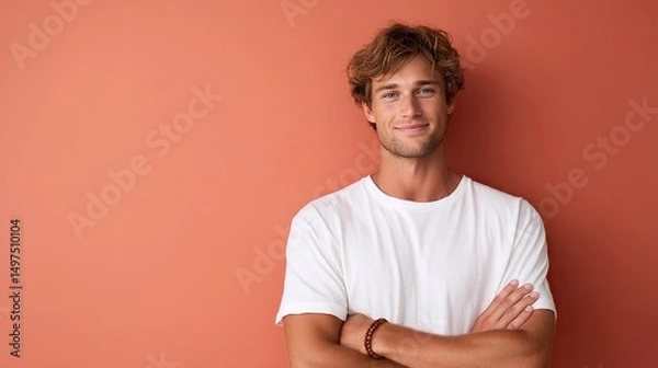 Fototapeta A young man stands confidently with his arms crossed against a warm orange wall. The casual style highlights his relaxed demeanor and inviting smile. A perfect image for lifestyle branding. AI