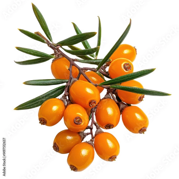 Fototapeta Fresh sea buckthorn berries on branch with green leaves, vibrant orange color for healthy food concepts, nature products, and herbal medicine uses Transparent background, PNG