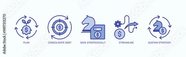 Obraz Strategic Financial Icon Set Isolated Vector With Icon Of Plan, Consolidate Debt, Save Strategically, Streamline, Sustain Strategy In Blue Style