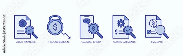 Obraz Financial Clarity And Control Icon Set Isolated Vector With Icon Of Audit Finances, Reduce Burden, Balance Check, Audit Statements, Evaluate In Blue Style