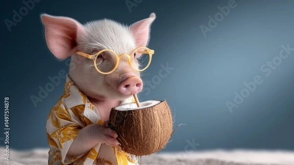 Fototapeta Pig wearing glasses and a Hawaiian shirt is holding a coconut in its mouth. The image has a playful and lighthearted mood, as the pig is dressed up in a human-like manner