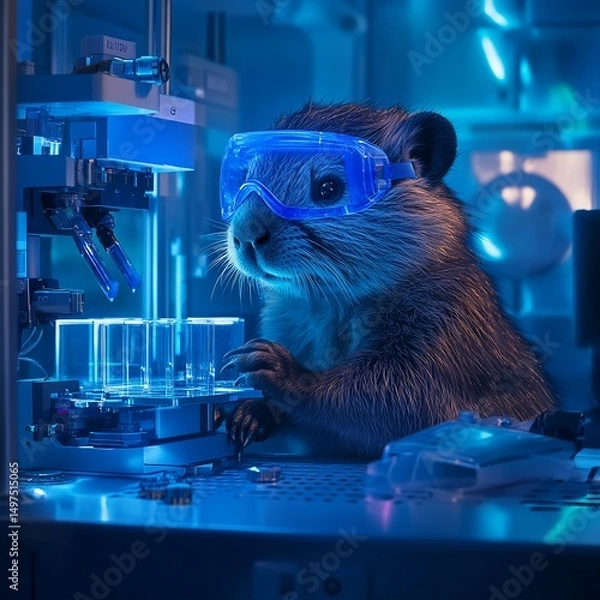 Fototapeta Adorable groundhog scientist wearing lab goggles working with test tubes in futuristic laboratory