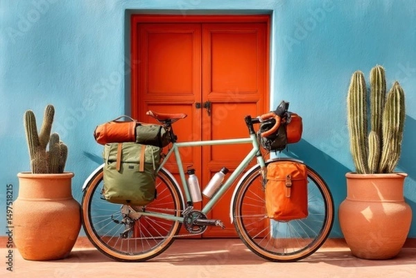 Fototapeta Touring bicycle with gear parked against a vibrant colorful background