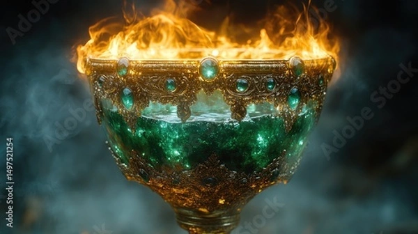 Obraz A mystical ancient chalice filled with emerald liquid, surrounded by flames and sparkling jewels, creating an enchanting atmosphere of fantasy and magic.