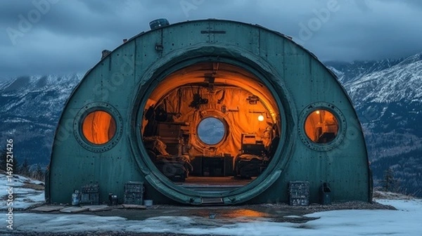 Obraz A cozy and rustic industrial cabin set against a mountainous backdrop illuminated by warm interior lights