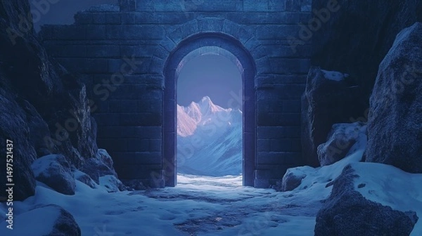 Obraz Ancient archway leading to snowy mountain vista at twilight