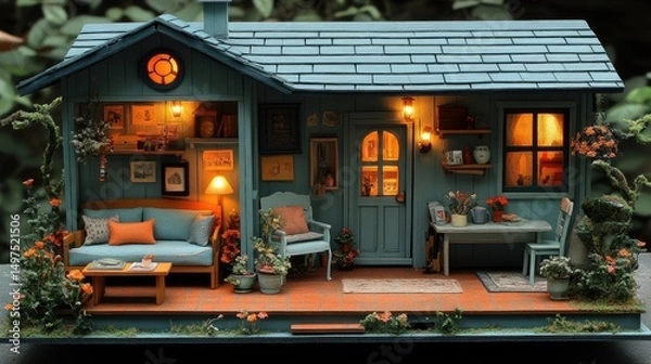 Obraz Charming miniature dollhouse capturing a cozy and inviting living space with warm lighting, lush greenery, and intricate details