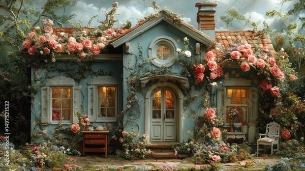 Obraz A charming blue cottage surrounded by blooming roses and lush greenery, evoking feelings of tranquility and romance