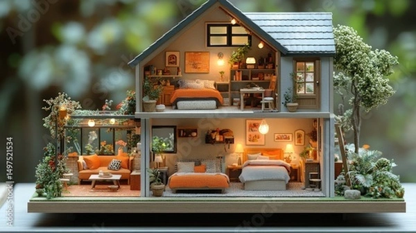 Obraz Charming miniature house model showcasing cozy interiors with an inviting atmosphere and vibrant orange accents.