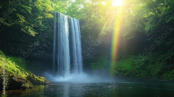 Obraz Stunning waterfall cascading into a tranquil pool surrounded by lush greenery and illuminated by soft sunlight