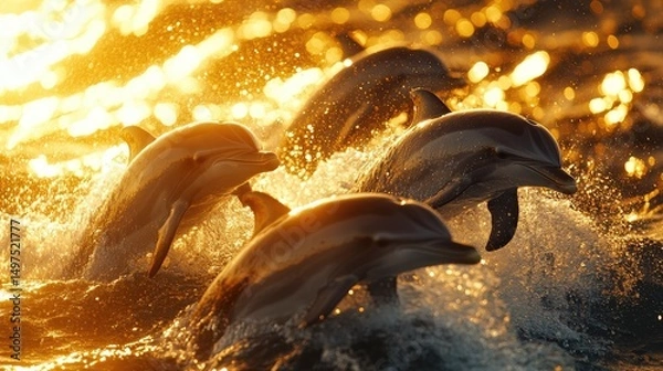 Obraz Group of dolphins leaping joyfully through shimmering ocean waves at sunset, capturing the essence of marine life in motion