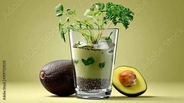 Fototapeta Glass of green juice with a plant in it and an avocado on the table. The juice is made with avocado and kale