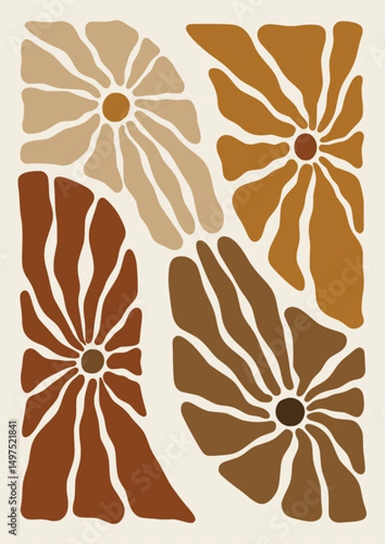 Obraz Flowers framed art print hand drawn leaves shapes matisse style, naive art, contemporary background. Chamomile, sun flowers vector illustration