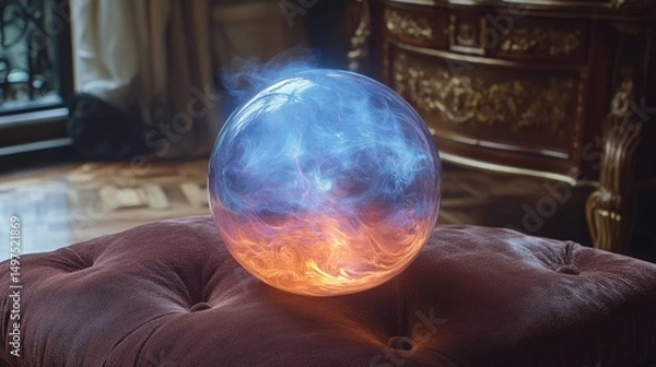 Obraz A mystical crystal ball surrounded by ethereal wisps of blue and orange smoke, resting on a plush ottoman in an elegant room.