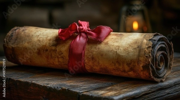 Obraz Exquisite vintage scroll tied with a red ribbon resting on an antique wooden table illuminated by warm candlelight