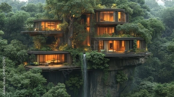 Obraz Stunning treehouse architecture nestled among lush green foliage with cascading waterfall and warm ambient lighting