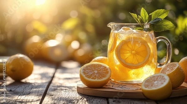 Obraz Refreshing summer lemonade in a pitcher surrounded by fresh lemons, capturing the essence of sunny days