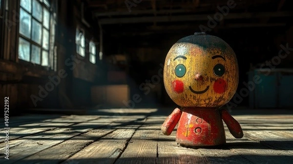 Obraz A whimsical wooden toy figure smiling brightly in a sunlit, abandoned industrial space with rustic wooden floors.