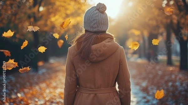 Obraz A picturesque autumn scene with a woman wearing a cozy coat and knitted hat, surrounded by falling leaves in a sunlit park.