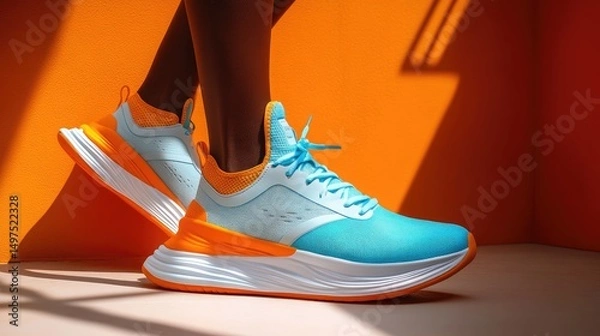 Obraz Vibrant athletic shoes displayed in sunlight against a bright orange backdrop, showcasing modern design and comfort for active lifestyles.