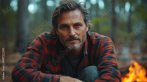 Obraz A rugged man in a flannel shirt enjoys a tranquil moment by the campfire in the woods, surrounded by serene nature.