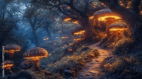 Obraz Magical enchanted forest pathway illuminated by glowing mushrooms amidst ancient trees under a twilight sky