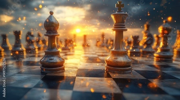 Obraz Dramatic sunset illuminating a chessboard with king and queen pieces in the foreground, highlighting strategic gameplay and competition.