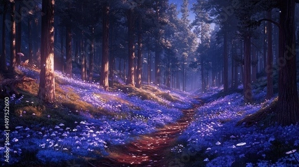 Obraz Enchanting forest path illuminated by soft light, lined with vibrant purple flowers and trees basking in tranquil ambience of nature