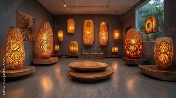 Obraz Elegant decor featuring intricately designed wooden lamps and sculptures in a cozy gallery setting with warm lighting