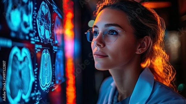 Obraz Focused young female scientist examining advanced brain scan images in a high-tech medical facility with vibrant lighting