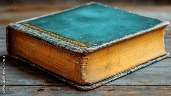 Obraz A vintage worn out book resting on a rustic wooden table with a textured cover and pages showing signs of age and use